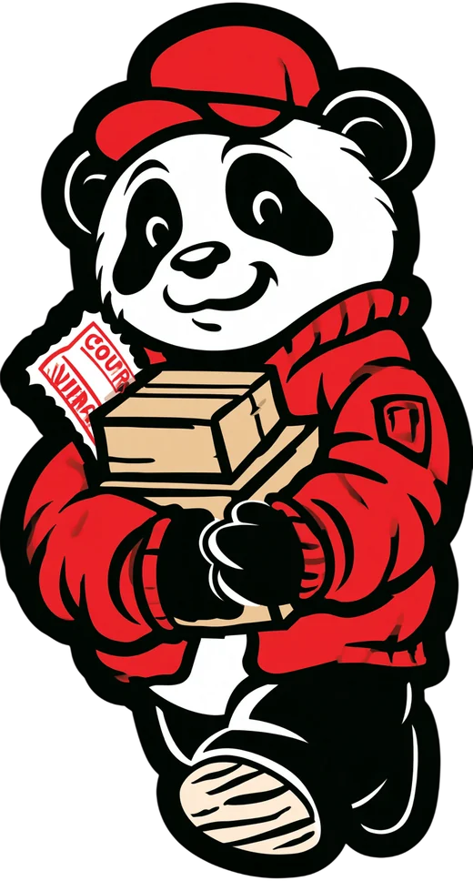 Maskotka Kakobuy Kupony: panda-kurier z paczką i kuponem