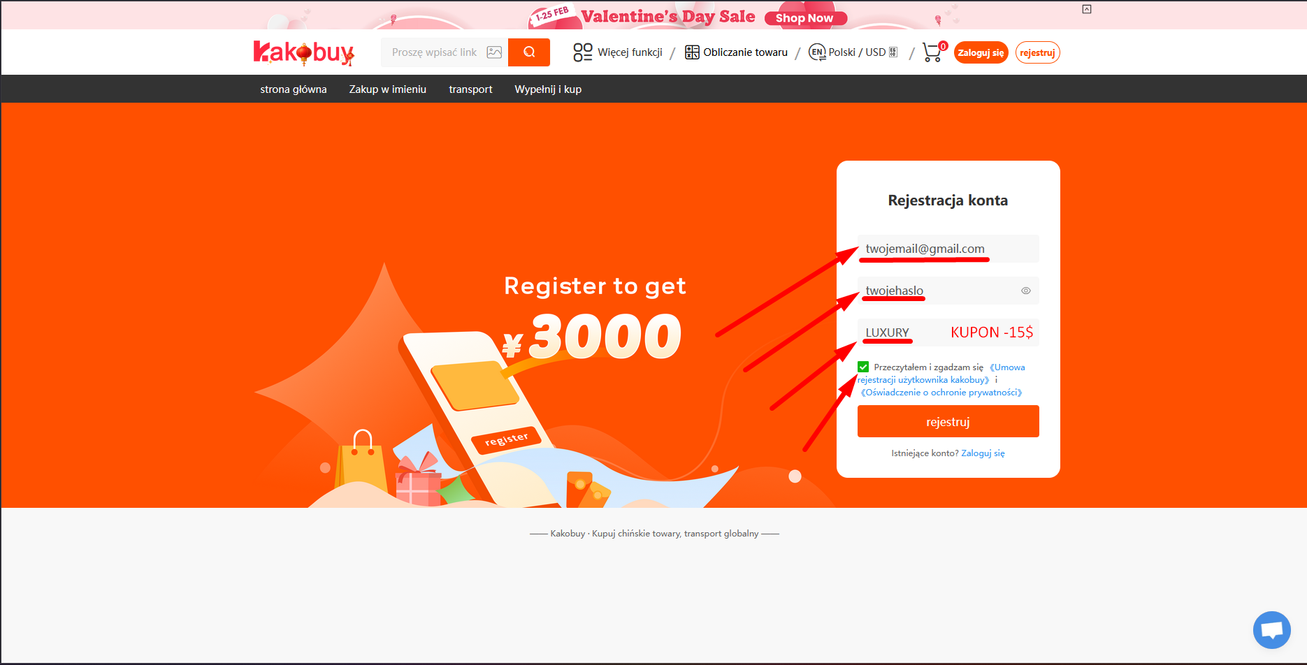 Formularz rejestracji Kakobuy z kodem LUXURY