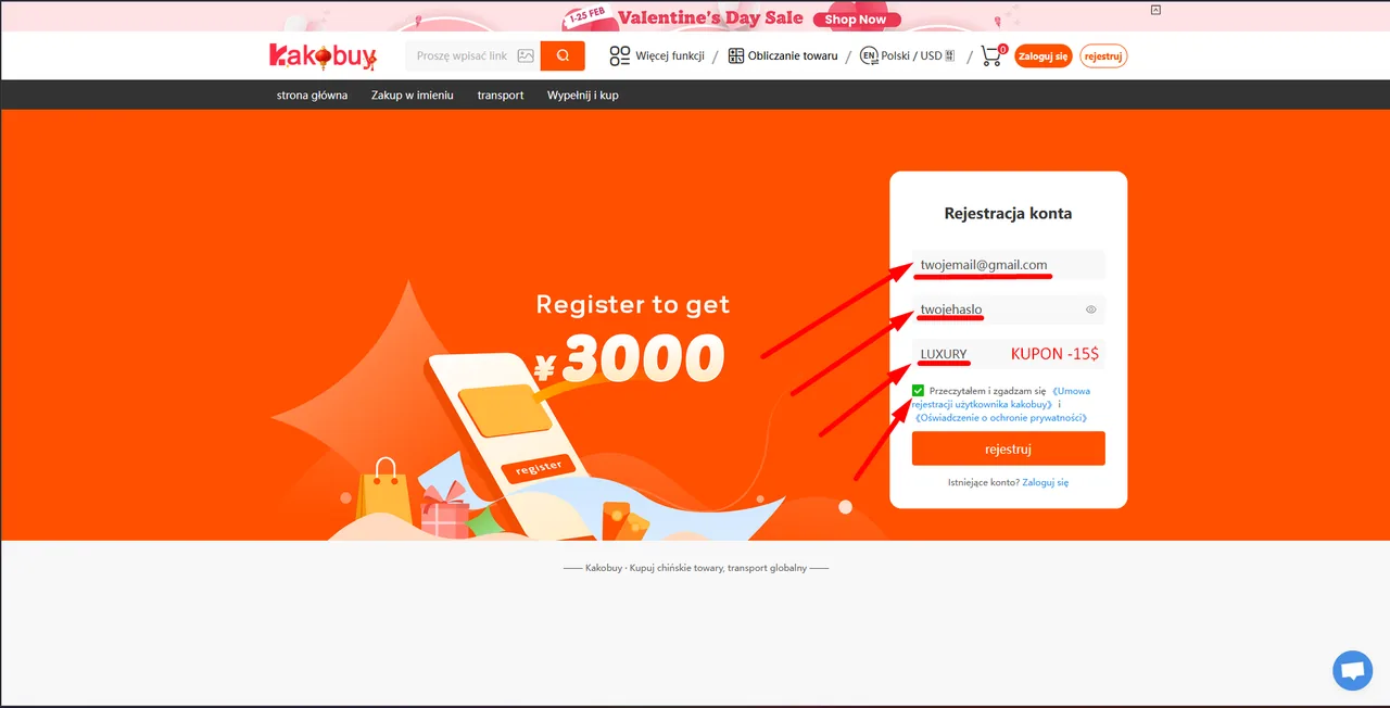 Formularz rejestracji Kakobuy z kodem LUXURY