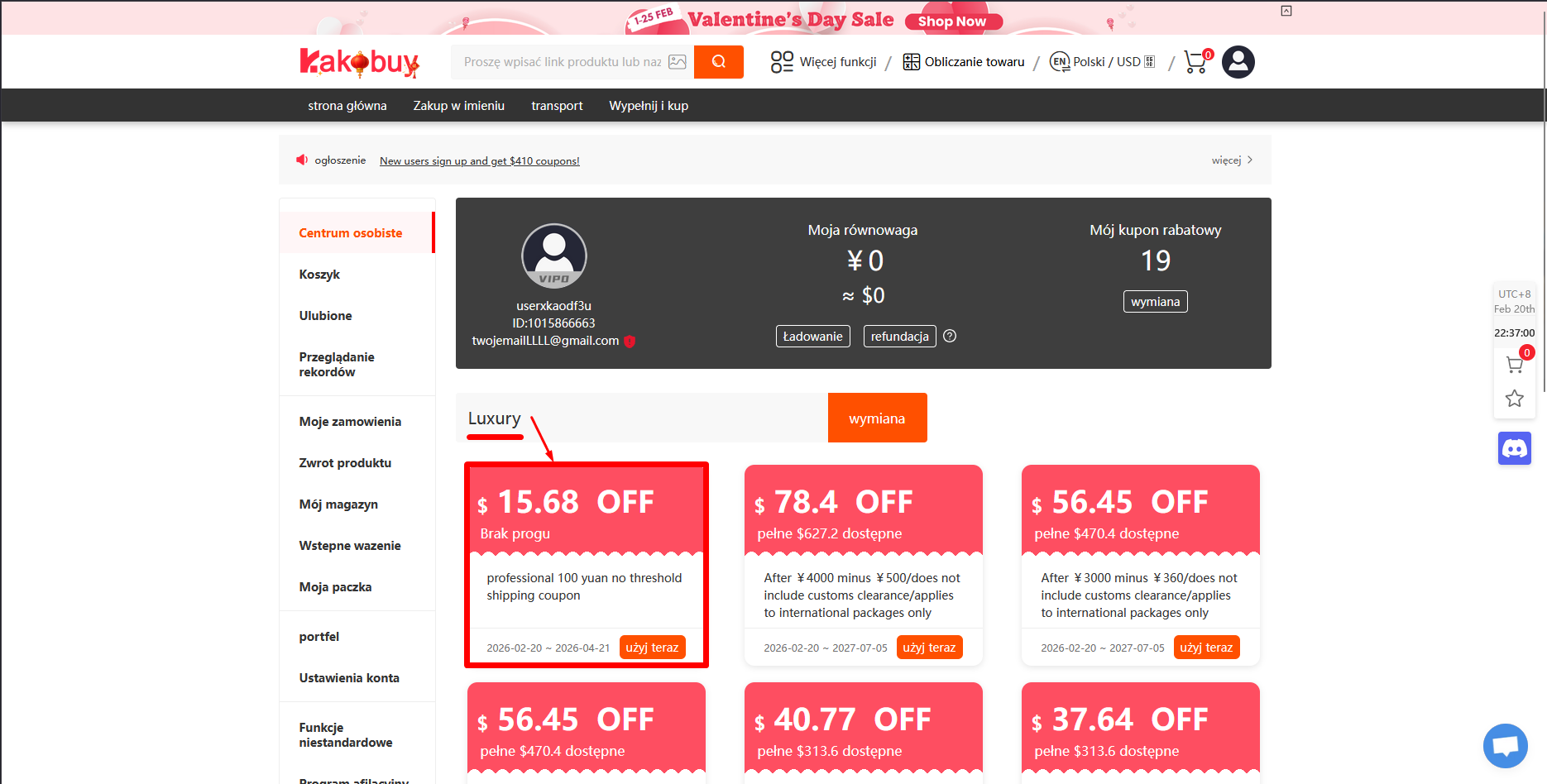 Odbiór Kakobuy kuponów w User Center